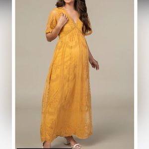 Gold PinkBlush Lace Mesh Overlay Maternity maxi Dress